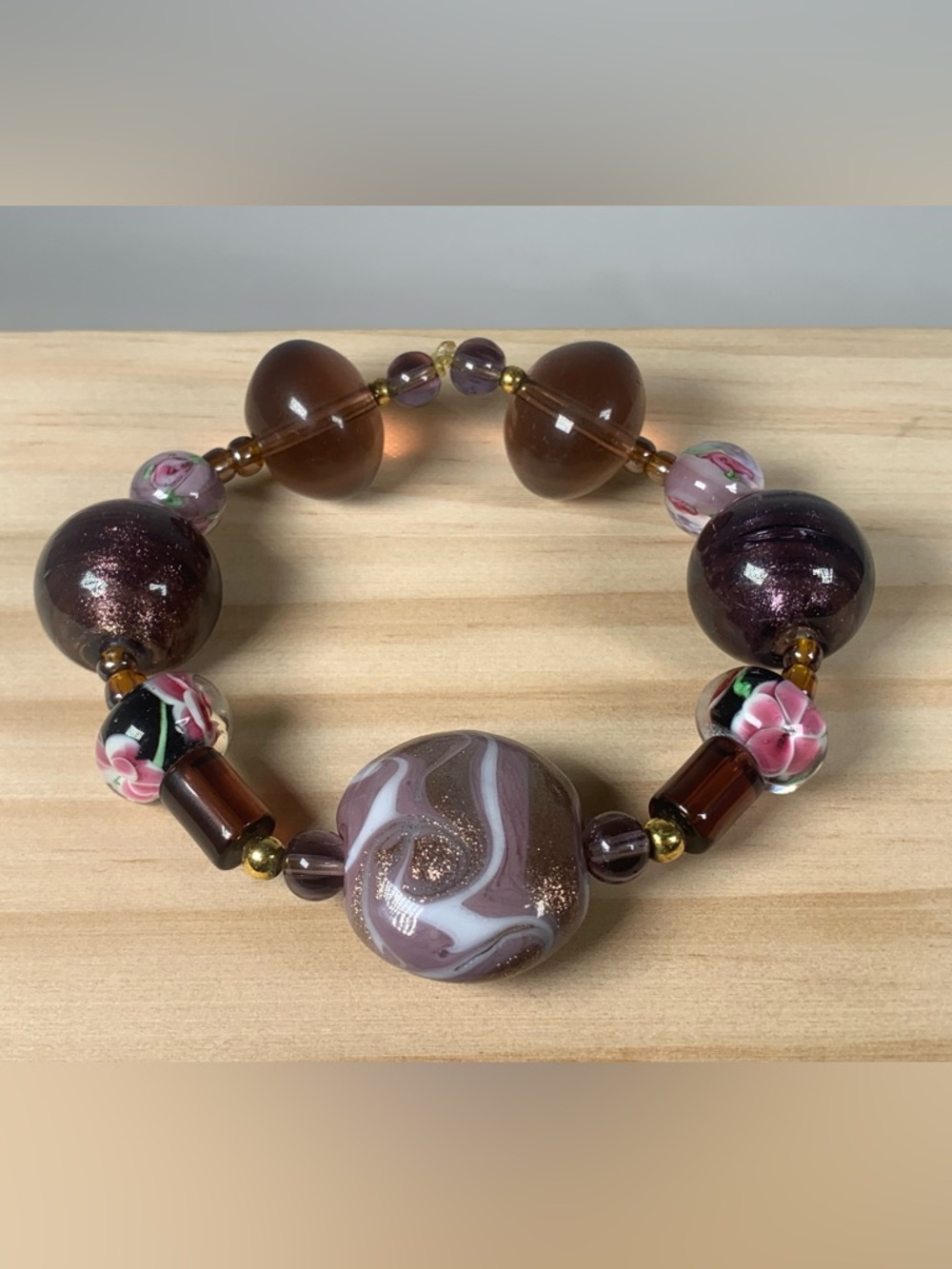 Vintage Purple Floral Murano Lampwork Glass Beaded Stretch Bracelet 7”